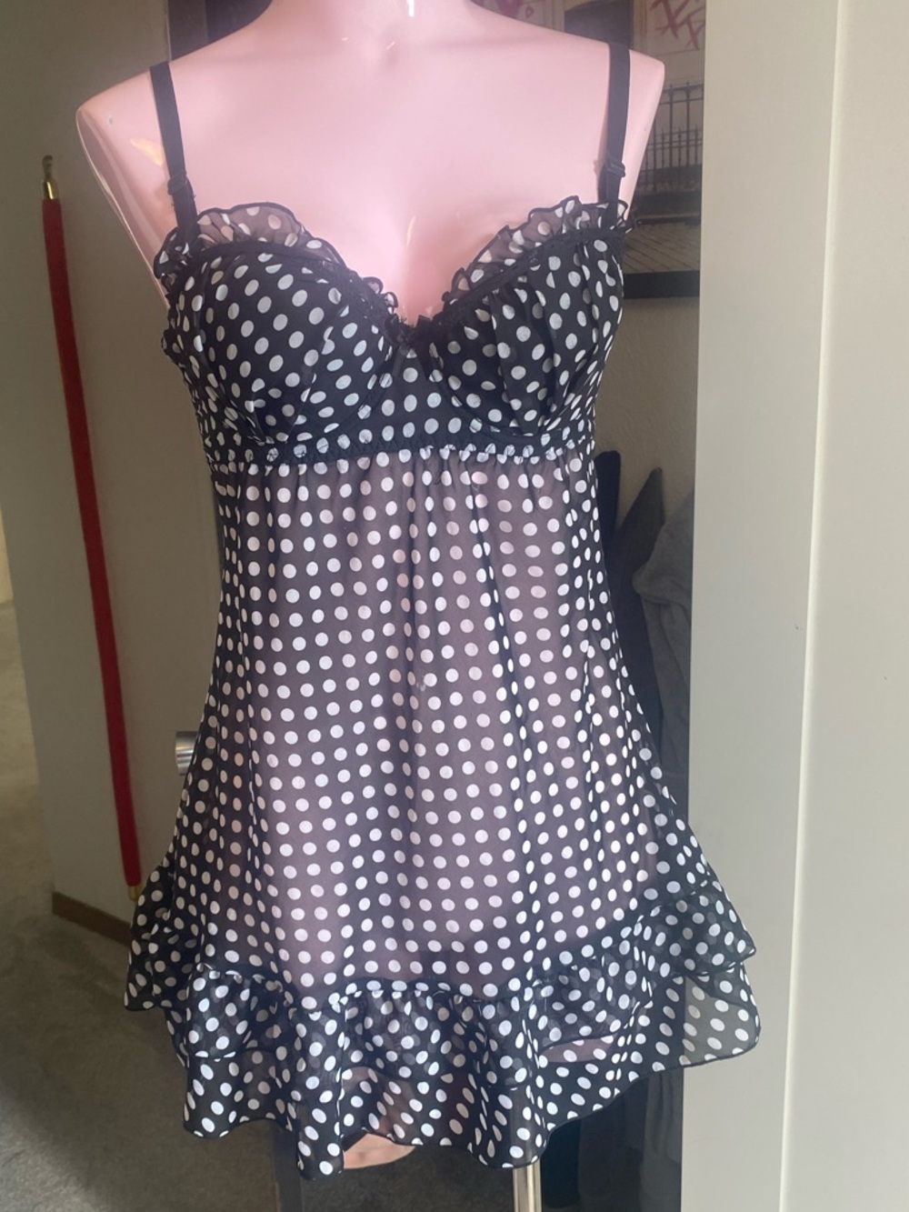 Rampage Black Polka Dot Slip Dress Babydoll with Ruffle Hem